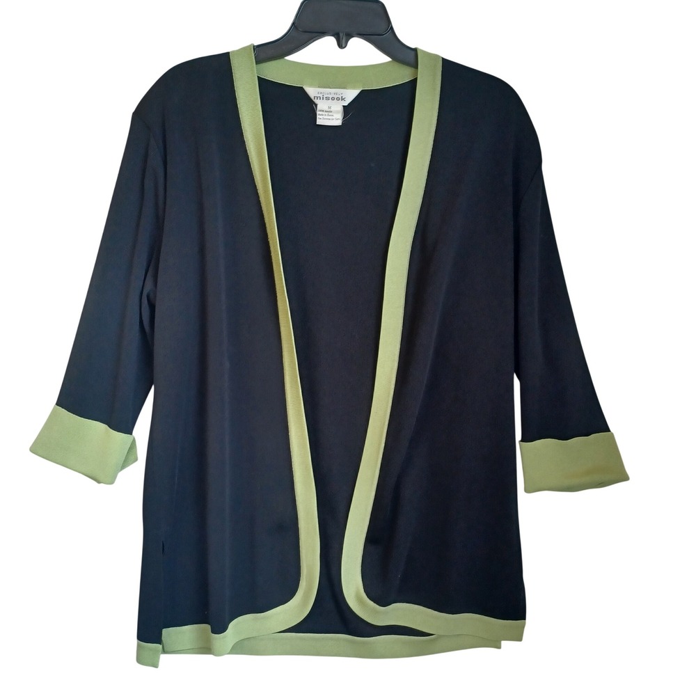 Misook Womens Black Sage Green Colorblock Open Front 3/4 Sleeve Cardigan Size M